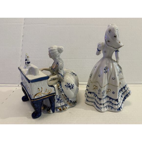 Vintage Porcelain Blue White Gold Accents Victorian Lady Playing Piano & Girl - Picture 3 of 7